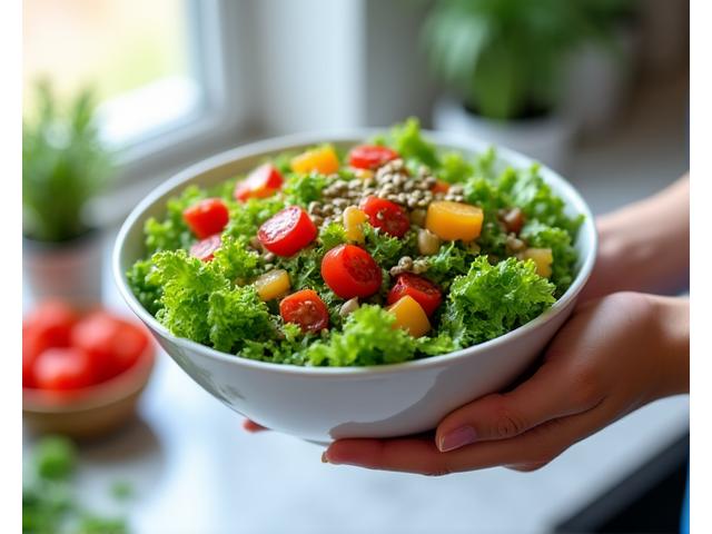 Ръка, държаща купа с прясна салата